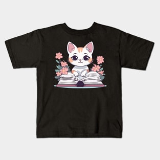 Kawaii Cat Reading Kids T-Shirt